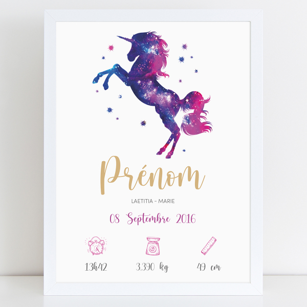 Affiche / Poster de naissance bébé - Licorne étoiles