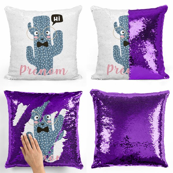 coussin pillow mermaid à sequin magique enfant reversible et personnalisable avec motif cactus de couleur violet