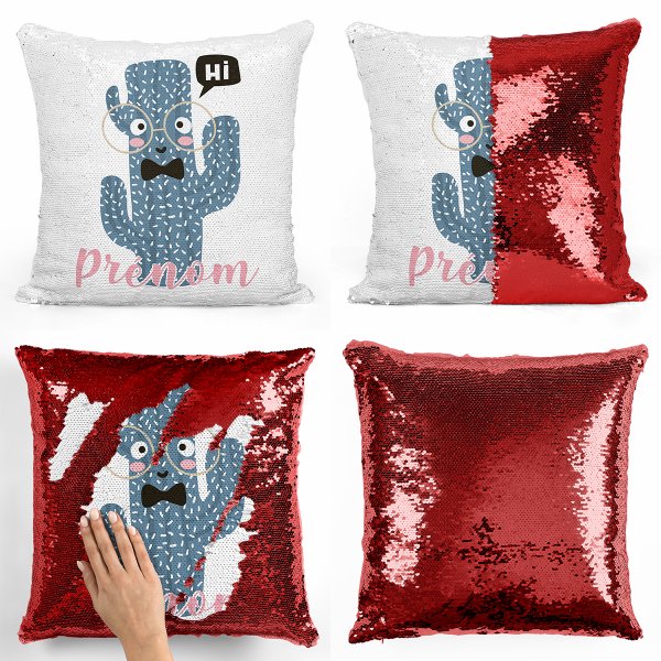 coussin pillow mermaid à sequin magique enfant reversible et personnalisable avec motif cactus de couleur rouge