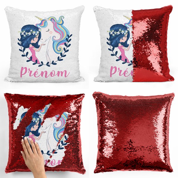 coussin pillow mermaid à sequin magique enfant reversible et personnalisable avec motif fille et licorne de couleur rouge