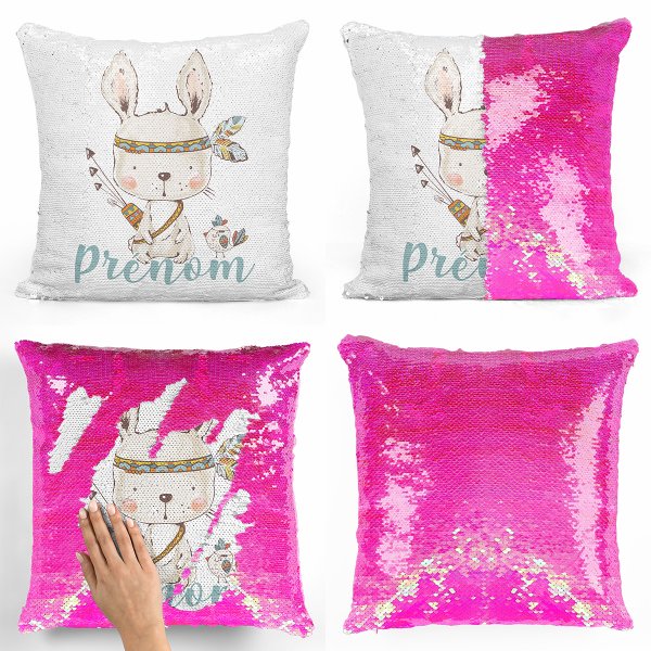 coussin pillow mermaid à sequin magique enfant reversible et personnalisable avec motif lapin indien de couleur rose nacré
