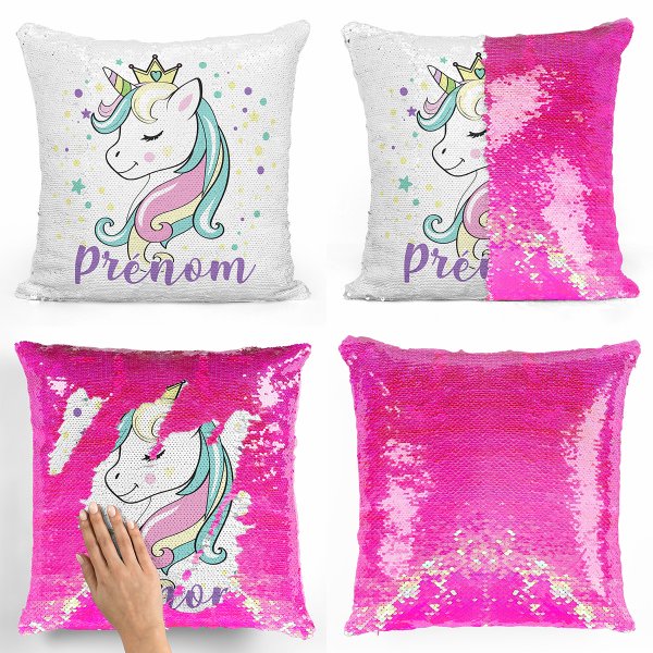 coussin pillow mermaid à sequin magique enfant reversible et personnalisable avec motif princesse licorne de couleur rose nacré