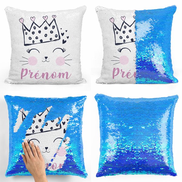 coussin pillow mermaid à sequin magique enfant reversible et personnalisable avec motif reine des chats de couleur bleu nacré