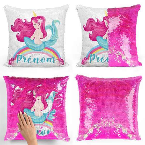coussin pillow mermaid à sequin magique enfant reversible et personnalisable avec motif sirène arc-en-ciel de couleur rose nacré