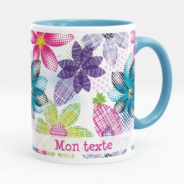 Mug personnalisable pour enfant avec motif fleurs multicolores de couleur bleu