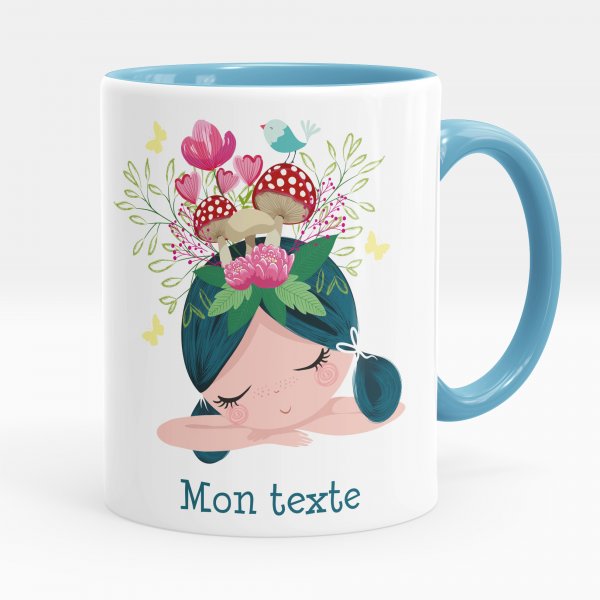 Mug personnalisable pour enfant avec motif petite fille champignons de couleur bleu