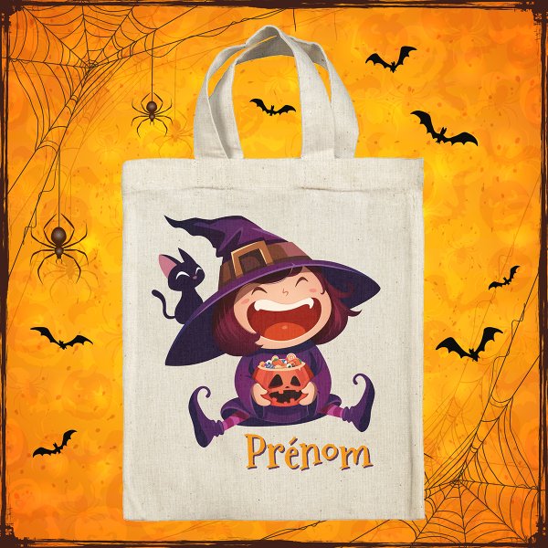 sac tote bag d'halloween pour enfant personnalisable avec motif sorcière