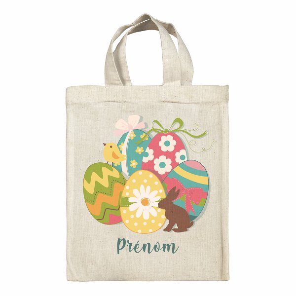 sac tote bag de pâques pour enfant personnalisable avec motif lapin oeufs