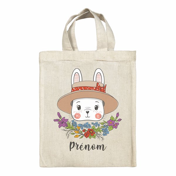 sac tote bag de pâques pour enfant personnalisable avec motif lapine et son chapeau