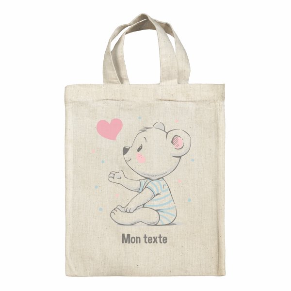 Sac tote bag personnalisable enfant pour lunch box - bento - boite à repas motif Ourson coeur