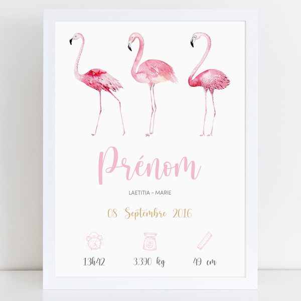 Affiche / Poster de naissance bébé - Flamants roses
