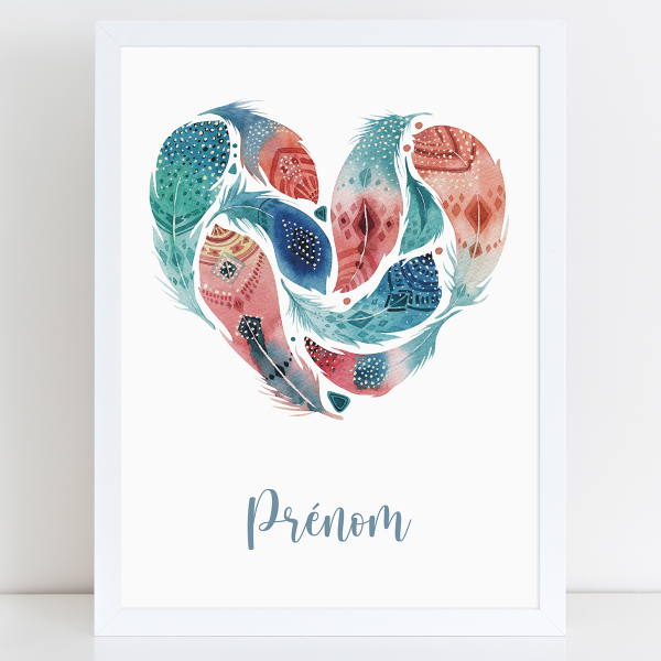 Affiche / Poster Prénom - Cœur plumes