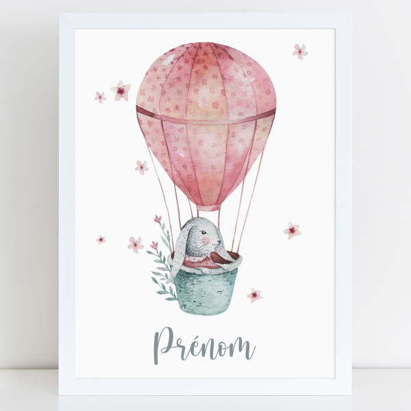 Affiche / Poster Prénom - Lapin montgolfière