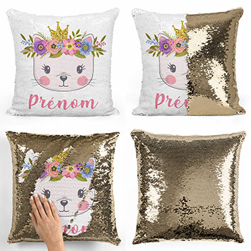 Coussin sequin magique personnalisé - Chaton princesse