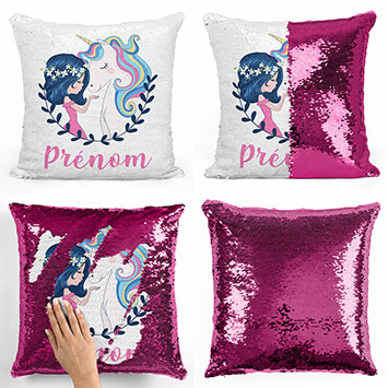 Coussin sequin magique personnalisé - Fille et licorne