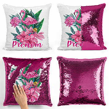 Coussin sequin magique personnalisé - Flamant rose tropical