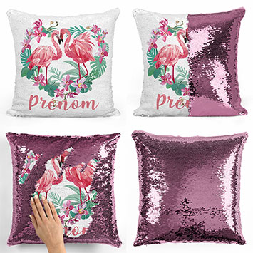 Coussin sequin magique personnalisé - Flamants roses coeur