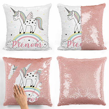 Coussin sequin magique personnalisé - Licorne arc-en-ciel
