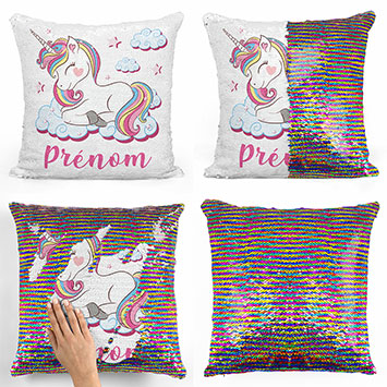 Coussin sequin magique personnalisé - Licorne nuages