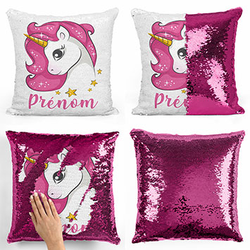 Coussin sequin magique personnalisé - Licorne rose étoiles