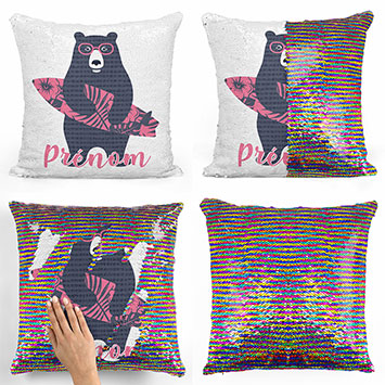Coussin sequin magique personnalisé - Ours surfeur