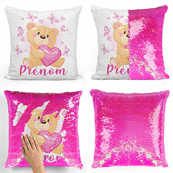 Coussin sequin magique personnalisé - Ourson coeurs papillons