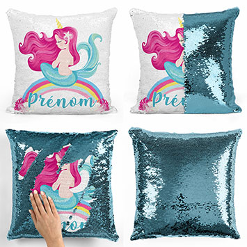 Coussin sequin magique personnalisé - Sirène arc-en-ciel