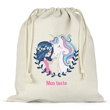 Sac lunch box à ficelles personnalisé - Fille et licorne