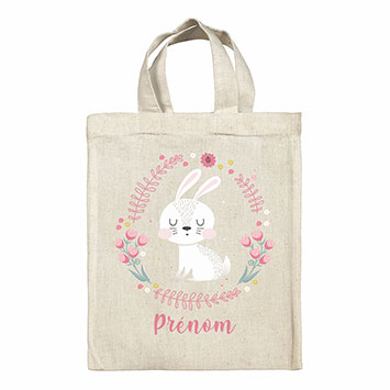 Sac tote bag de Pâques personnalisé - Lapine blanche fleurs