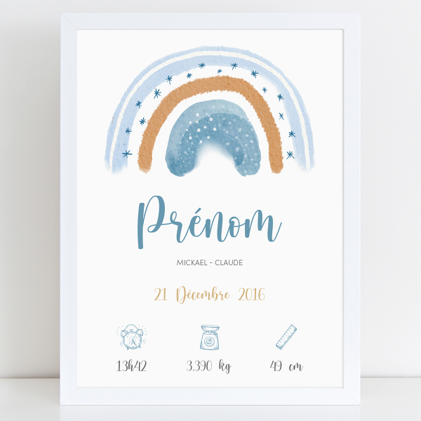 Affiche / Poster de naissance bébé - Arc-en-ciel bleu
