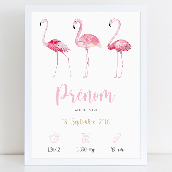 Affiche / Poster de naissance bébé - Flamants roses