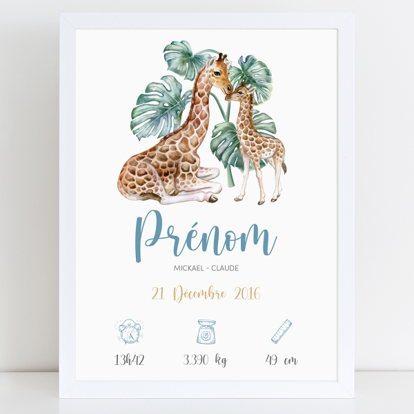 Affiche / Poster de naissance bébé - Girafes