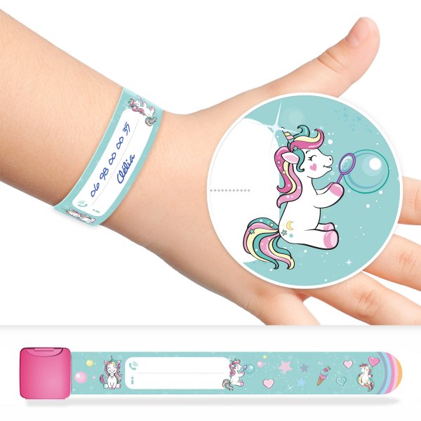 Bracelet d'identification et de sécurité pour enfants avec motif licornes