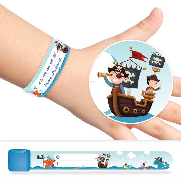 Bracelet d'identification et de sécurité pour enfants avec motif pirates