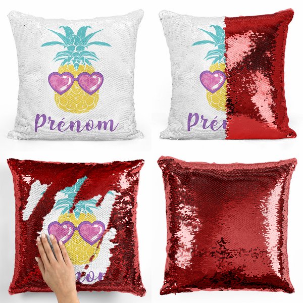 coussin pillow mermaid à sequin magique enfant reversible et personnalisable avec motif ananas de couleur rouge