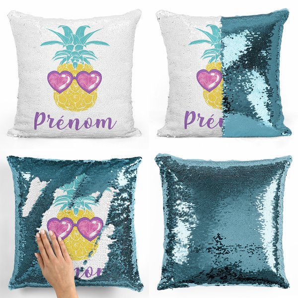 coussin pillow mermaid à sequin magique enfant reversible et personnalisable avec motif ananas de couleur bleu clair