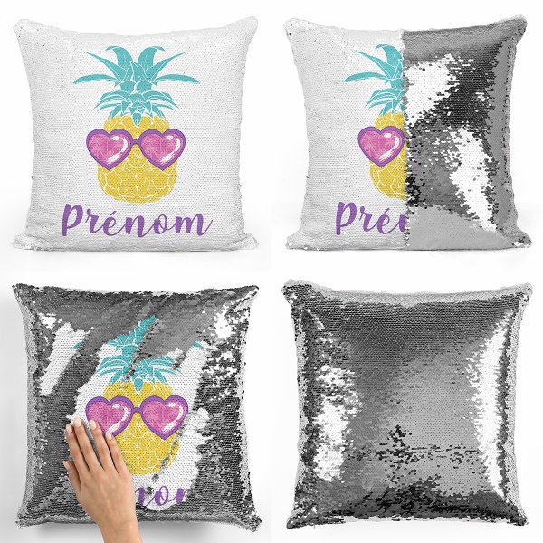 coussin pillow mermaid à sequin magique enfant reversible et personnalisable avec motif ananas de couleur argent