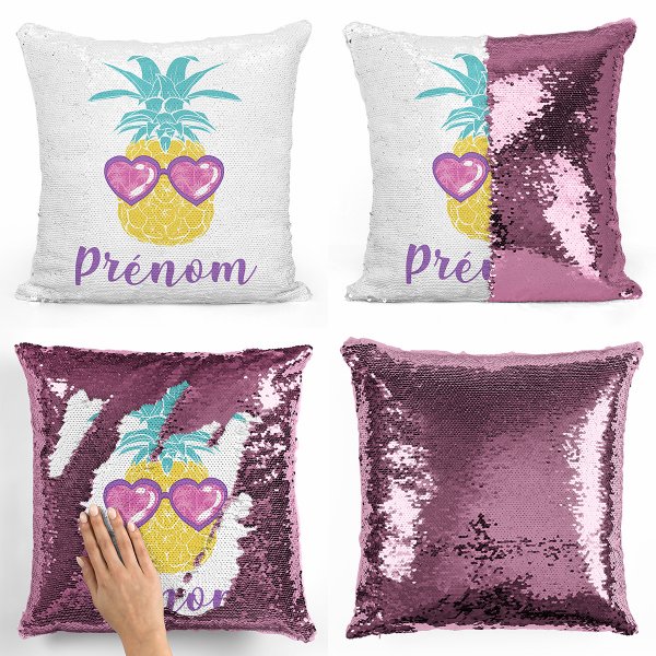 coussin pillow mermaid à sequin magique enfant reversible et personnalisable avec motif ananas de couleur rose clair