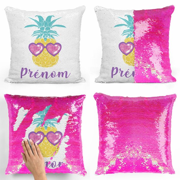 coussin pillow mermaid à sequin magique enfant reversible et personnalisable avec motif ananas de couleur rose nacré