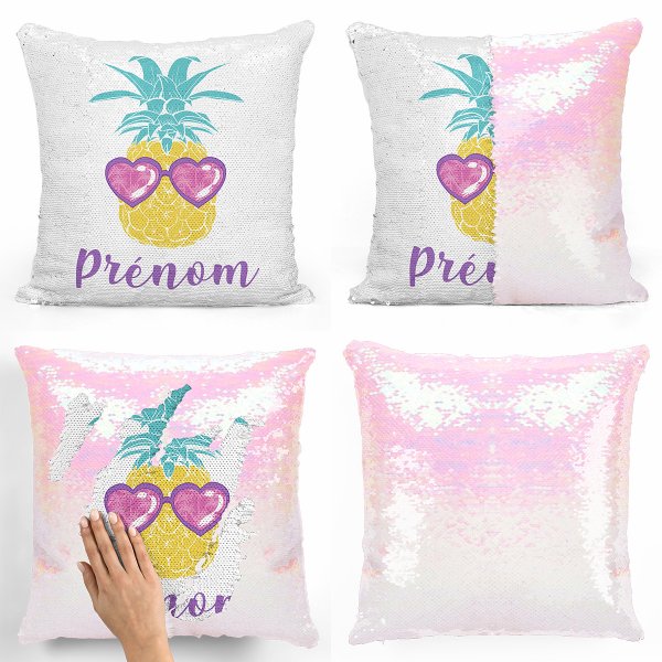 coussin pillow mermaid à sequin magique enfant reversible et personnalisable avec motif ananas de couleur blanc nacré