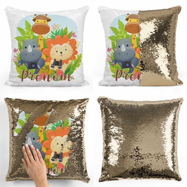 coussin pillow mermaid à sequin magique enfant reversible et personnalisable avec motif animaux de la jungle de couleur or doré