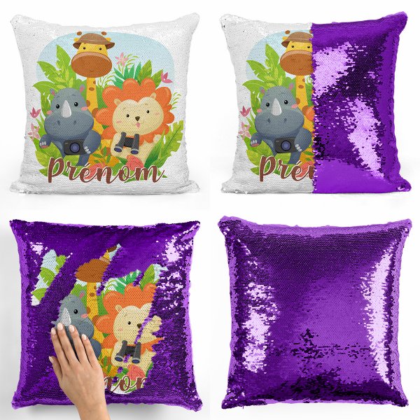 coussin pillow mermaid à sequin magique enfant reversible et personnalisable avec motif animaux de la jungle de couleur violet