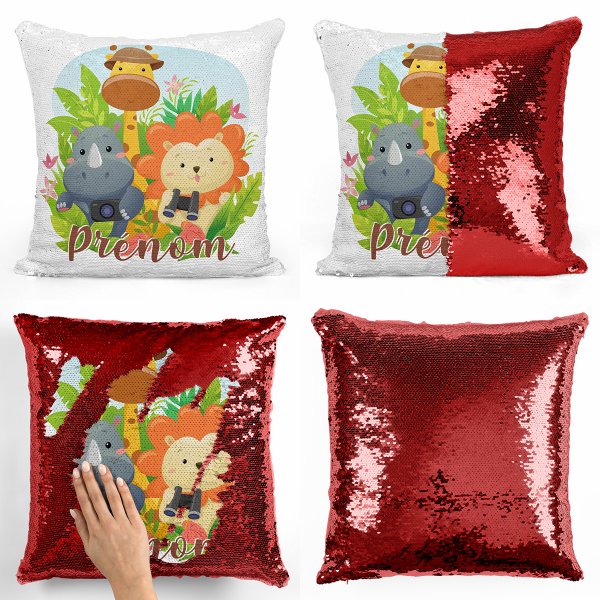 coussin pillow mermaid à sequin magique enfant reversible et personnalisable avec motif animaux de la jungle de couleur rouge