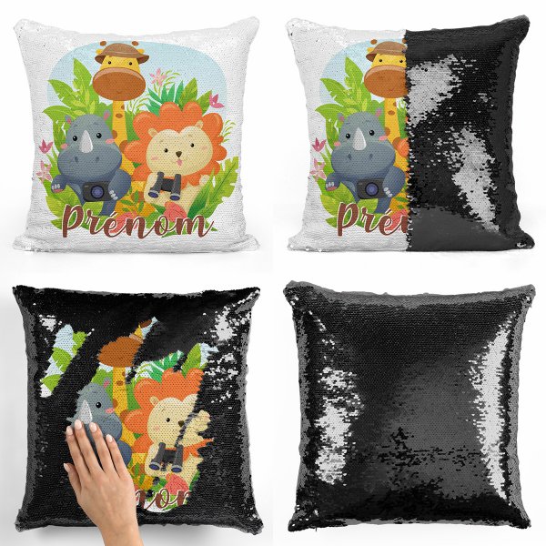 coussin pillow mermaid à sequin magique enfant reversible et personnalisable avec motif animaux de la jungle de couleur noir