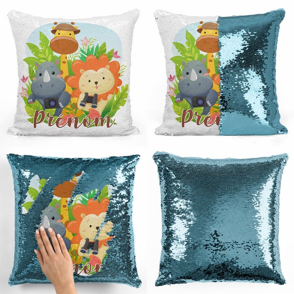 coussin pillow mermaid à sequin magique enfant reversible et personnalisable avec motif animaux de la jungle de couleur bleu clair