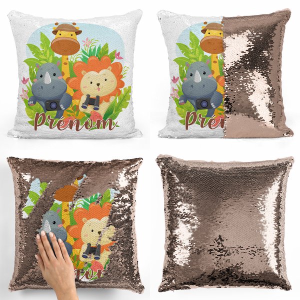 coussin pillow mermaid à sequin magique enfant reversible et personnalisable avec motif animaux de la jungle de couleur champagne