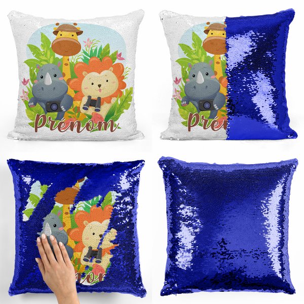 coussin pillow mermaid à sequin magique enfant reversible et personnalisable avec motif animaux de la jungle de couleur bleu foncé