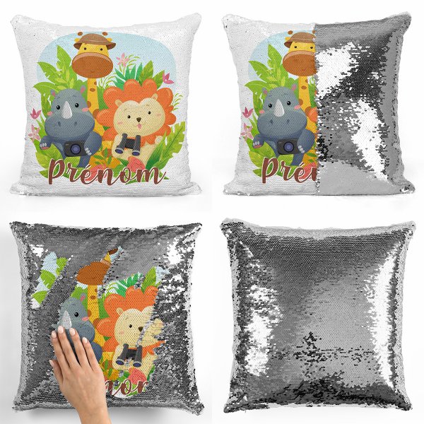 coussin pillow mermaid à sequin magique enfant reversible et personnalisable avec motif animaux de la jungle de couleur argent