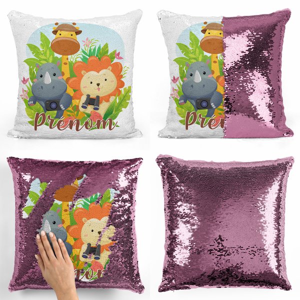 coussin pillow mermaid à sequin magique enfant reversible et personnalisable avec motif animaux de la jungle de couleur rose clair