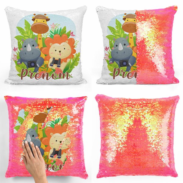 coussin pillow mermaid à sequin magique enfant reversible et personnalisable avec motif animaux de la jungle de couleur orange nacré